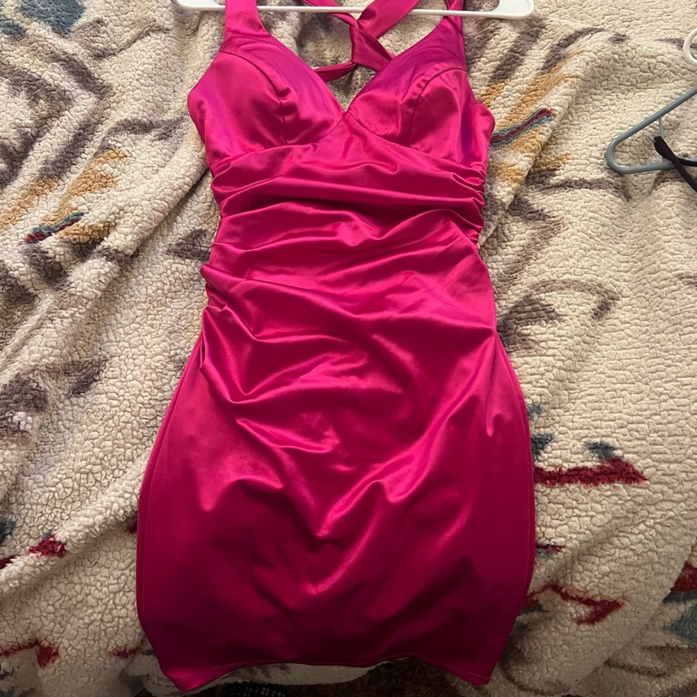 B Darlin Fuchsia Cross-Back Mini Dress